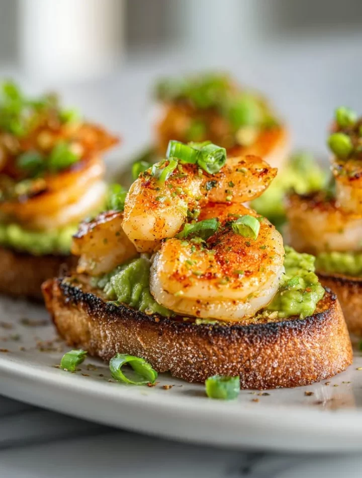 Delicious Garlic Shrimp Crostini topped with Avocado for a delightful appetizer.