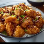 Plate of General Tso's Chicken garnished with sesame seeds and green onions.