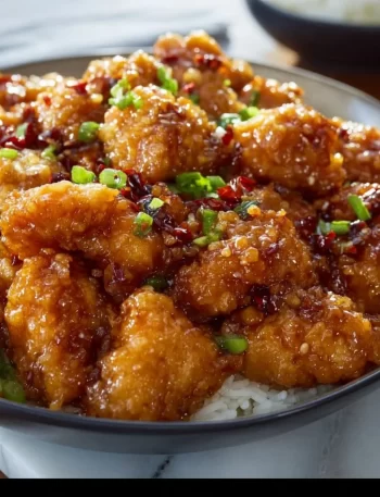 Plate of General Tso's Chicken garnished with sesame seeds and green onions.