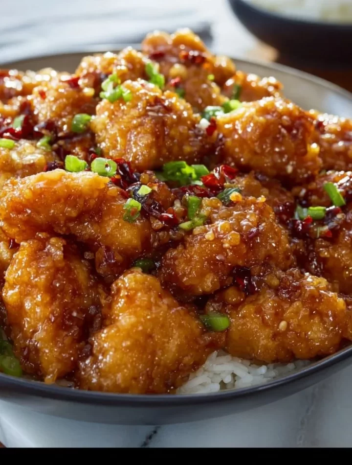 Plate of General Tso's Chicken garnished with sesame seeds and green onions.