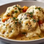 Bowl of gluten-free chicken and dumplings with herbs and veggies