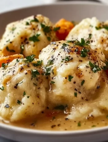 Bowl of gluten-free chicken and dumplings with herbs and veggies