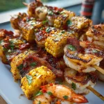 Grilled seafood skewers with shrimp, vegetables, and seasoning on a barbecue grill.