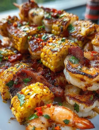 Grilled seafood skewers with shrimp, vegetables, and seasoning on a barbecue grill.