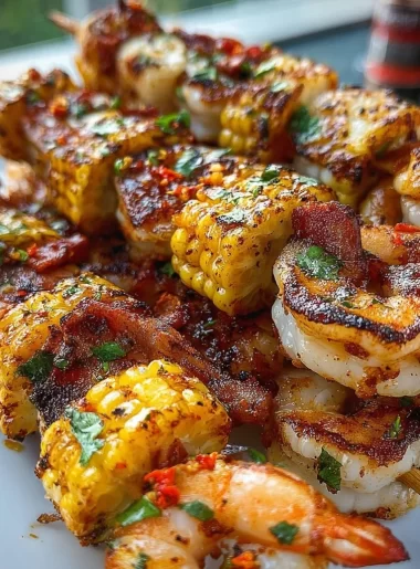 Grilled seafood skewers with shrimp, vegetables, and seasoning on a barbecue grill.