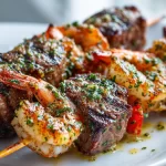 Grilled steak and shrimp skewers drizzled with garlic butter on a platter