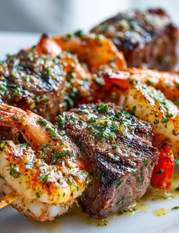 Grilled steak and shrimp skewers drizzled with garlic butter on a platter