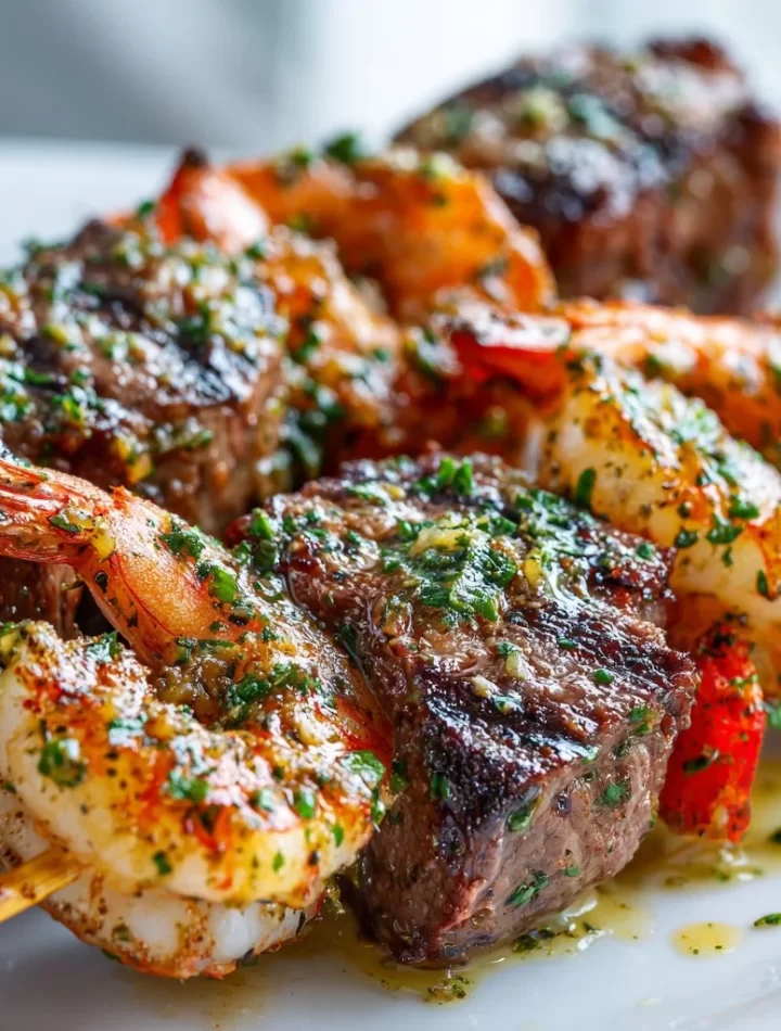 Grilled steak and shrimp skewers drizzled with garlic butter on a platter