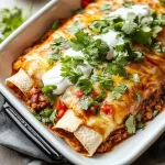 Plate of homemade ground beef enchiladas topped with cheese and sauce