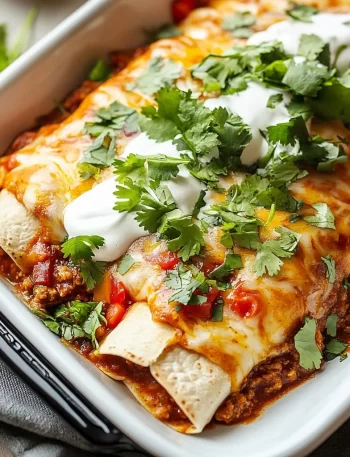 Plate of homemade ground beef enchiladas topped with cheese and sauce