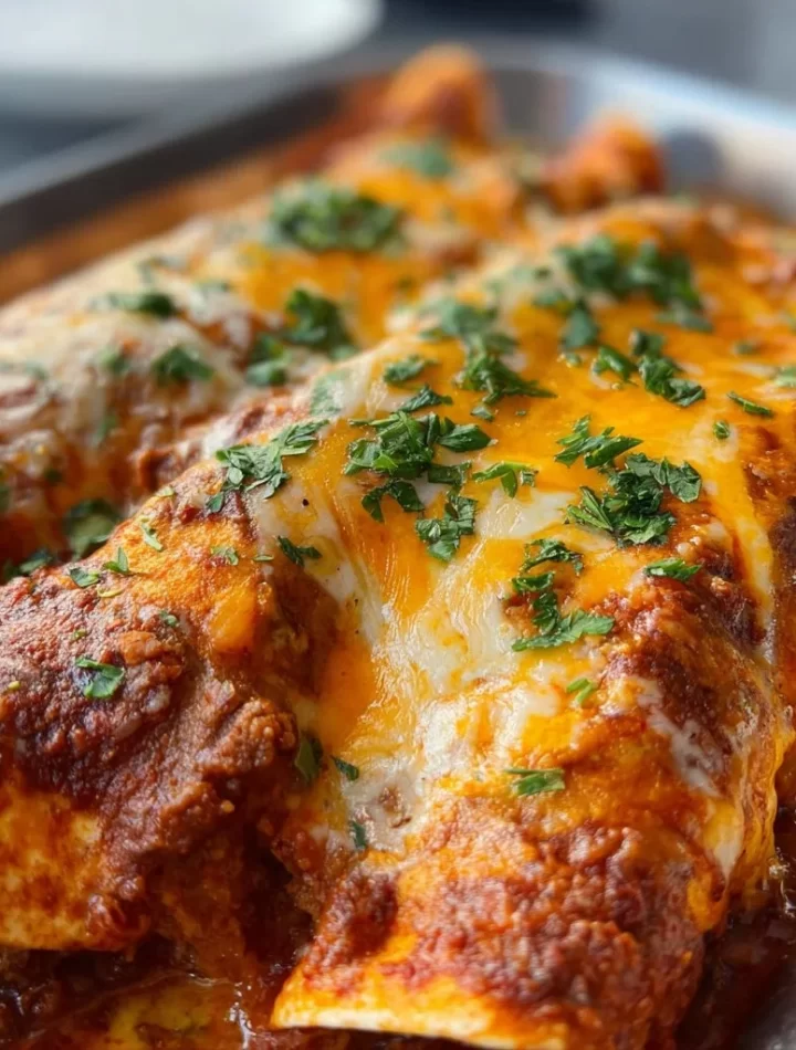 Delicious homemade ground beef enchiladas topped with cheese and salsa