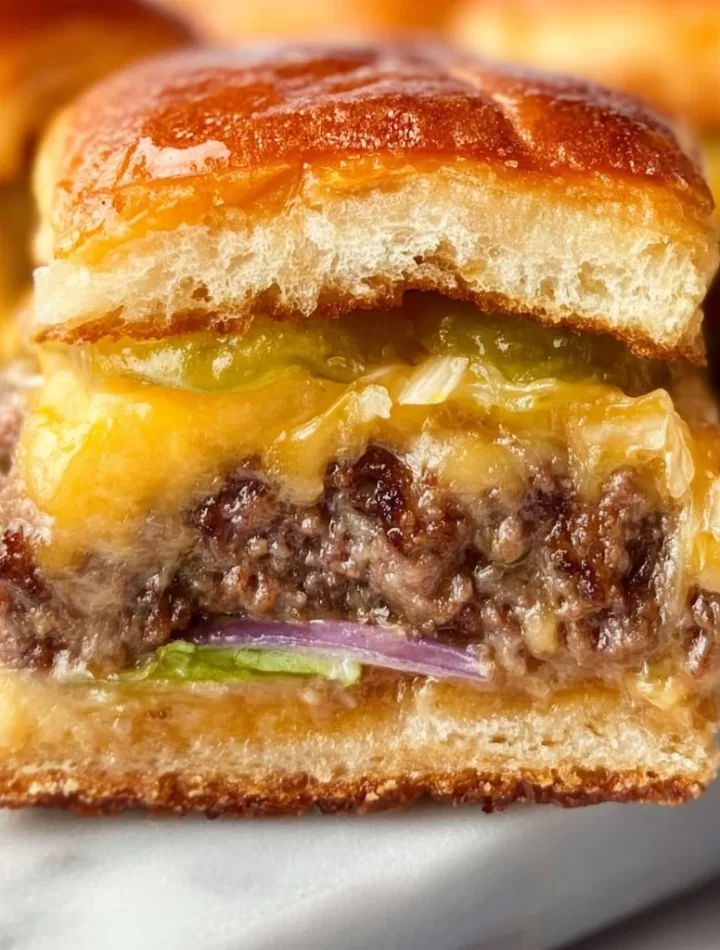 Hawaiian Roll Cheeseburger Sliders served on a plate with toppings.