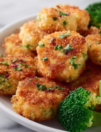 Healthy chicken and broccoli nuggets served on a plate