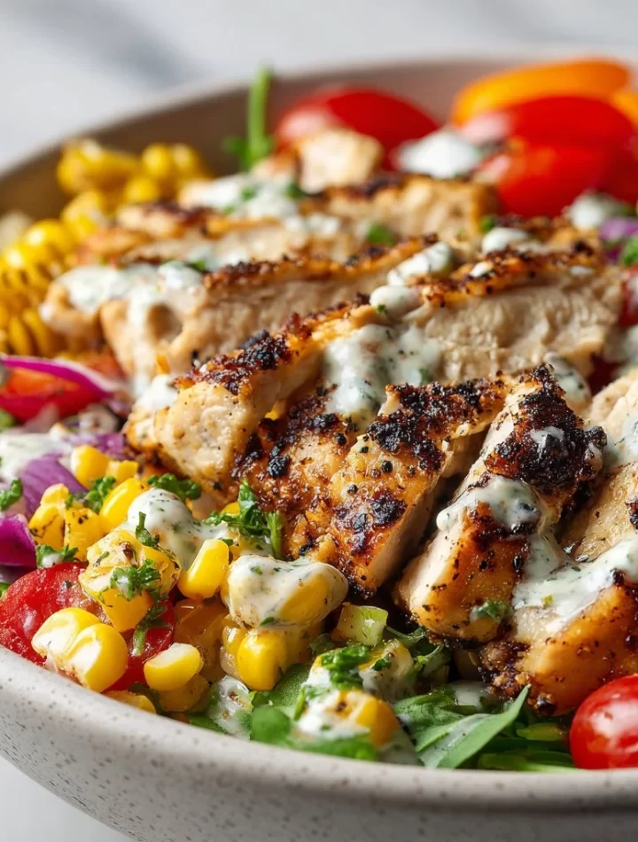 Healthy Chicken and Street Corn Bowls served with fresh ingredients for summer.
