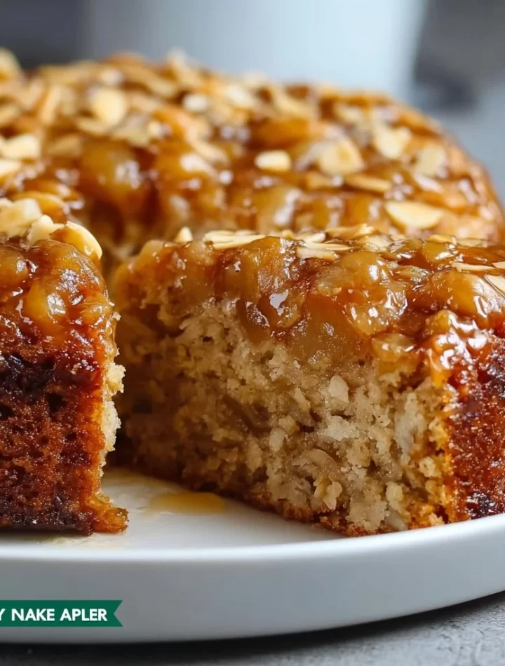Healthy oatmeal apple cake topped with fresh apple slices and cinnamon
