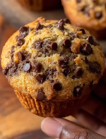 Freshly baked healthy peanut butter banana muffins on a wooden table