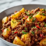 Delicious Hearty Ground Beef and Potatoes dish ready to serve for dinner.