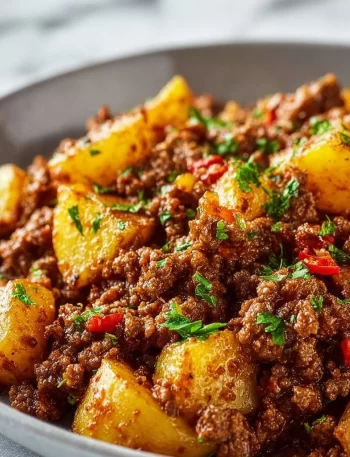 Delicious Hearty Ground Beef and Potatoes dish ready to serve for dinner.