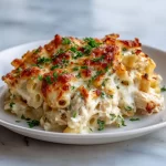 High-protein chicken alfredo bake with creamy sauce and pasta