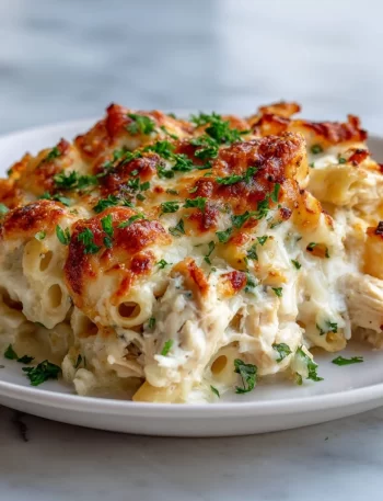 High-protein chicken alfredo bake with creamy sauce and pasta