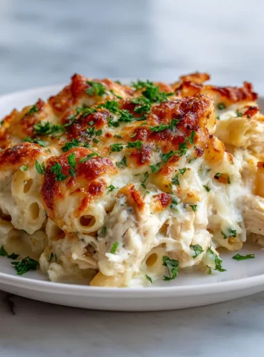 High-protein chicken alfredo bake with creamy sauce and pasta