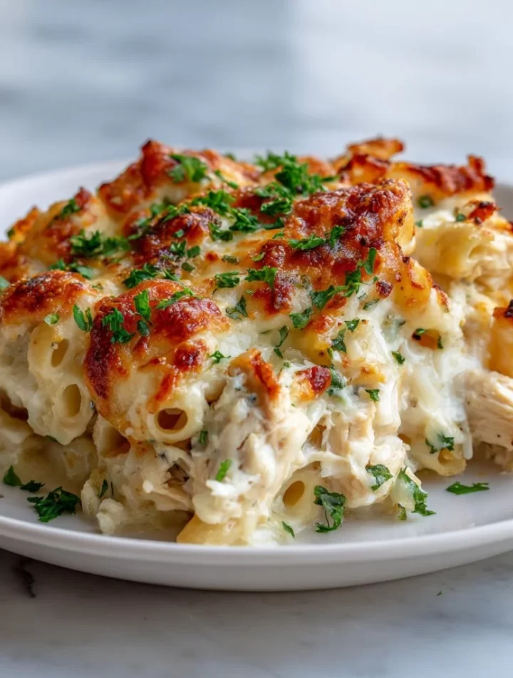 High-protein chicken alfredo bake with creamy sauce and pasta