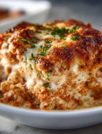 High protein chicken parmesan casserole served in a baking dish