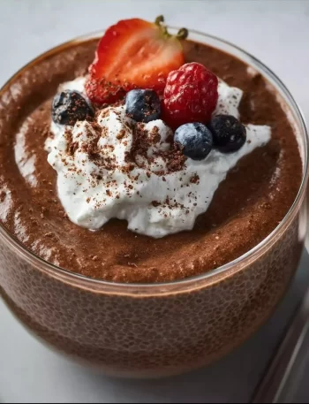 High protein chocolate chia seed pudding in a bowl with chocolate toppings