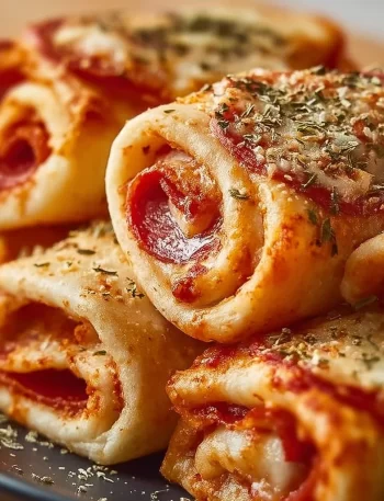 High protein pepperoni pizza rolls on a plate, ready to eat.