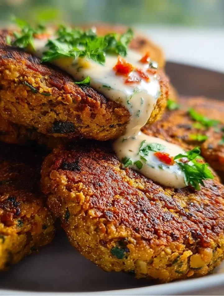 High protein vegetarian lentil patties on a plate with fresh vegetables
