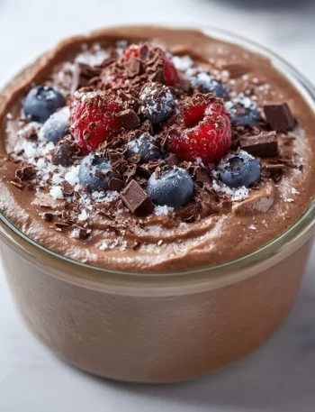 Delicious homemade protein pudding topped with fruit and nuts