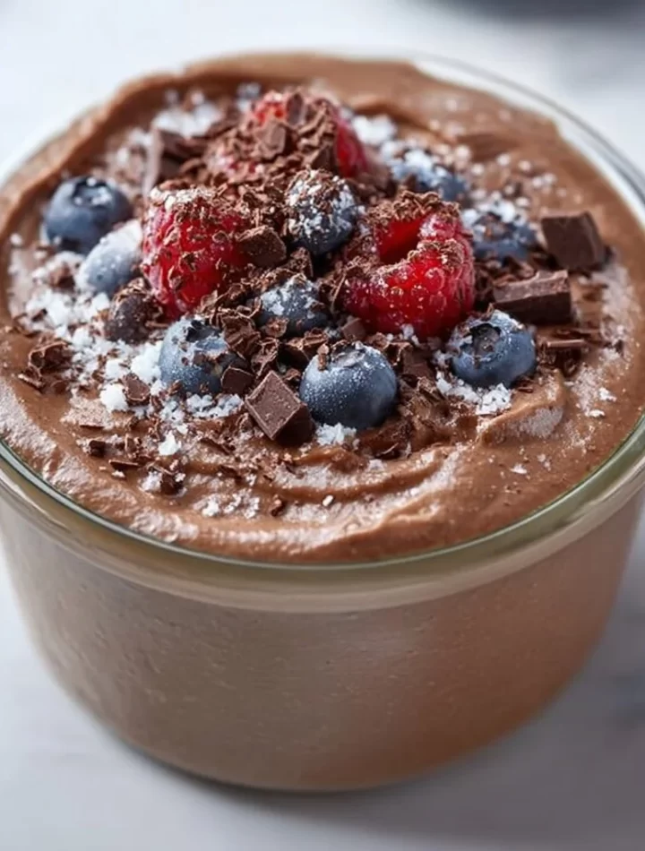 Delicious homemade protein pudding topped with fruit and nuts