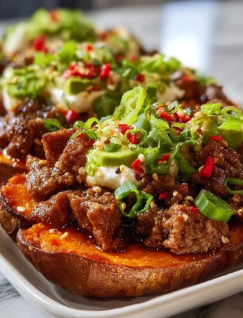 Hot Honey Beef served on sweet potato boats topped with herbs.