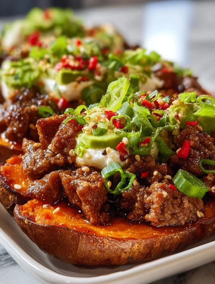 Hot Honey Beef served on sweet potato boats topped with herbs.