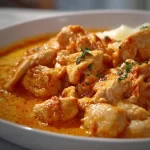 A delicious serving of Hungarian Chicken Paprikash with noodles and fresh herbs.