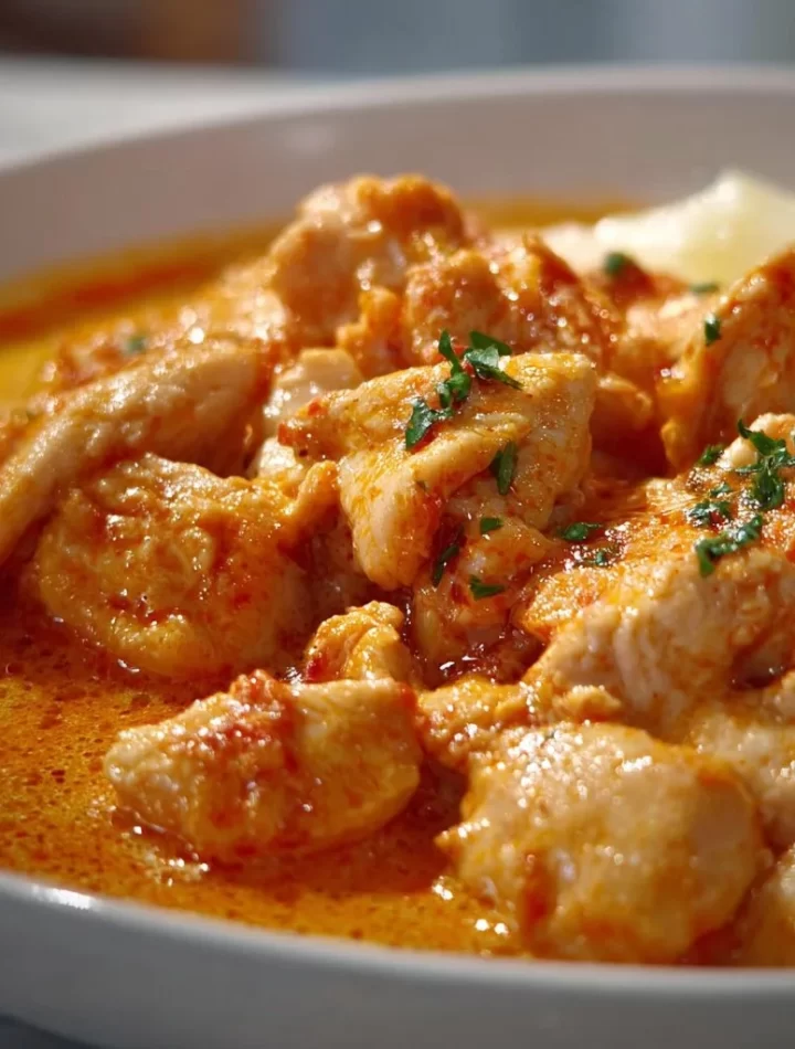 A delicious serving of Hungarian Chicken Paprikash with noodles and fresh herbs.