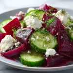 Irresistible beet feta salad with cucumber and dill in a bowl