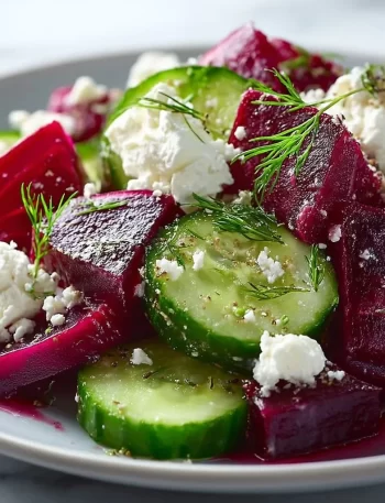 Irresistible beet feta salad with cucumber and dill in a bowl