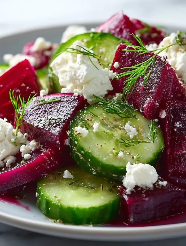 Irresistible beet feta salad with cucumber and dill in a bowl