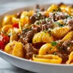 Creamy beef and shells dish with pasta and ground beef in a rich sauce.
