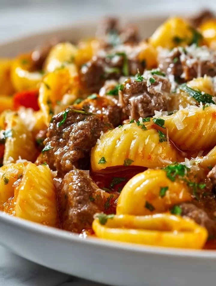 Creamy beef and shells dish with pasta and ground beef in a rich sauce.