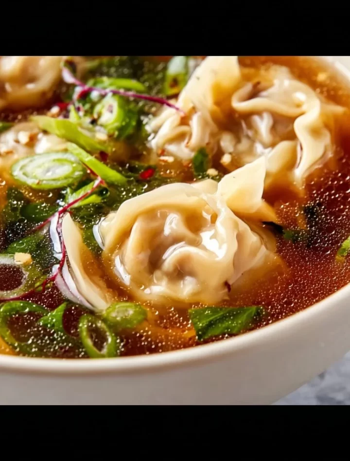 Bowl of homemade wonton soup with fresh ingredients and wontons.