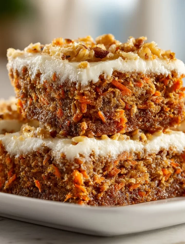 Irresistibly indulgent carrot cake cream cheese bars topped with frosting