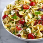 Italian bow tie pasta salad with fresh vegetables and dressing