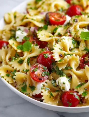 Italian bow tie pasta salad with fresh vegetables and dressing