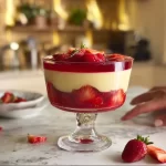 Delicious jelly custard trifle dessert layered with fruit and creamy custard