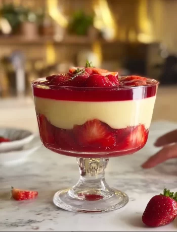 Delicious jelly custard trifle dessert layered with fruit and creamy custard