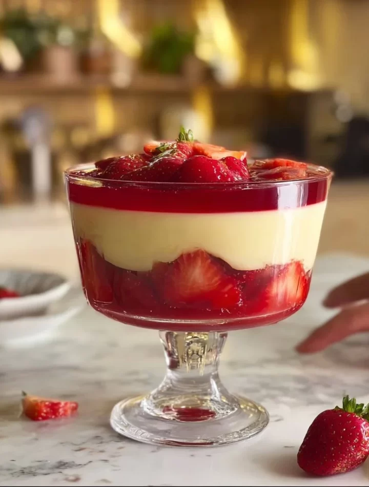 Delicious jelly custard trifle dessert layered with fruit and creamy custard