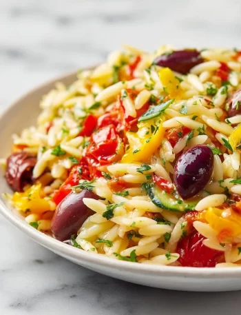 A colorful bowl of Mediterranean Orzo Salad with fresh vegetables and herbs