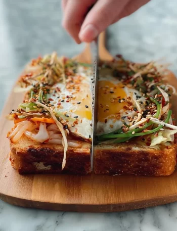 Delicious Korean Street Toast stacked with vegetables and eggs on a grill
